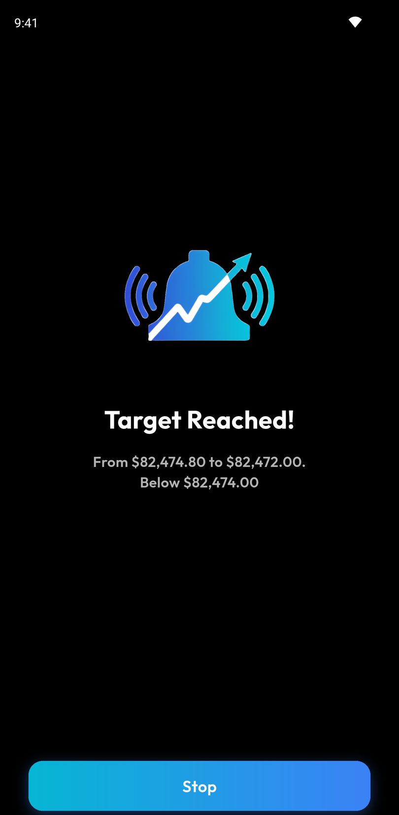 The full-screen alarm in Crypto Alerts & Alarms over the lock screen: Target Reached!, the price move that triggered it, and a Stop button