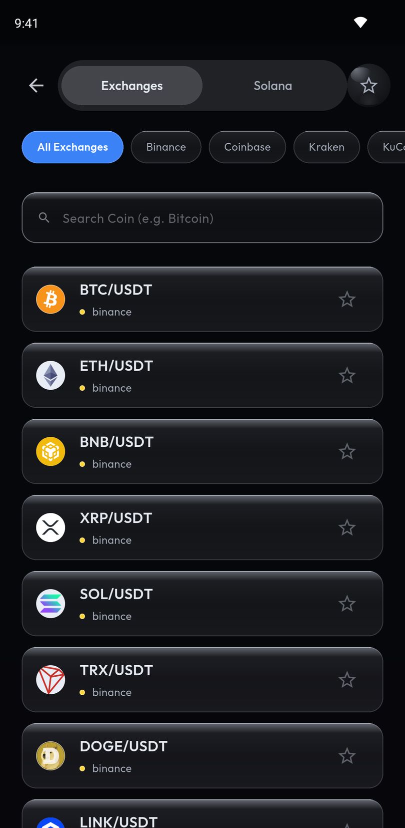 The coin list in Crypto Alerts & Alarms, with filter chips for All Exchanges, Binance, Coinbase and Kraken, a coin search box, and pairs such as BTC/USDT and ETH/USDT