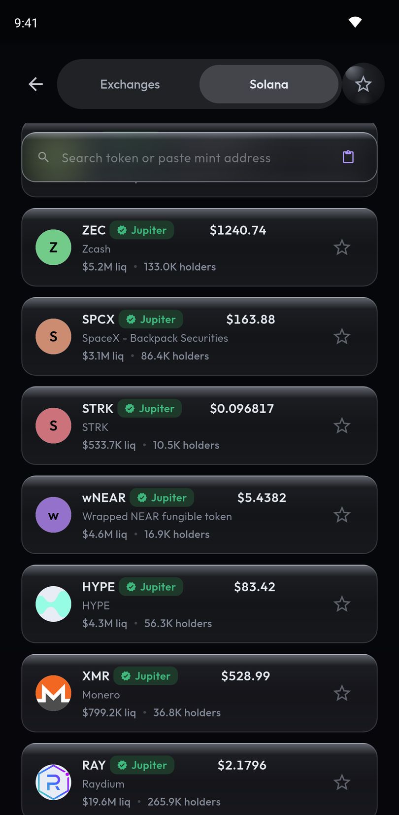 The Solana tab in Crypto Alerts & Alarms: a search box for a token name or a pasted mint address, above token rows that each show a price, liquidity, holder count and Jupiter&rsquo;s verification mark